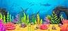 Underwater sea landscape, sunken ship in reef rock