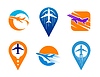 Plane map pin icons, air travel and flight