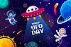 World UFO day banner, cartoon flying saucer, alien