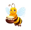 Cartoon honey bee character flying with honey jar
