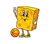 Groovy cheese character playing basketball ball