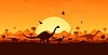Siluetas prehistóricas de dinosaurios en el paisaje del atardecer | Ilustración vectorial