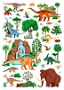Personajes de dinosaurios de la era prehistórica, plantas, árboles | Ilustración vectorial