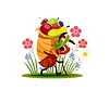 Cartoon ant character carries fruits outdoors