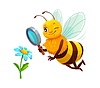 Cartoon cheerful honey bee flying near blue flower | Stock Vector Graphics