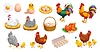 Vector clipart: Cartoon hen and rooster characters, chicks, eggs