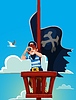 Vector clipart: Pirate looks through spyglass aboard corsair ship