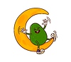 Cartoon groovy avocado character sitting on moon