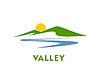 Mountain river valley icon featuring green hills