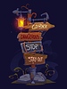 Vector clipart: Halloween sign board, terrible signage street lamp