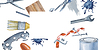 Horizontaler Rahmen mit handgezeichneten Arbeitswerkzeugen. | Stock Illustration