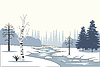 Winter landscape small yard and wood daytime