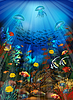 Underwater banner with rusty anchor and tropical fish. 