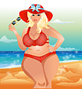 Vector clipart: Plus size XXL woman on the beach, summer invitation car