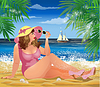 Vector clipart: Plus size woman XXL on the beach, summer card, vector i