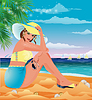 Plus size woman XXL on  summer beach, invitation card, 