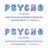 Psychedelic font, groovy hippie type alphabet set