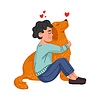 Kid hugs dog, children petting, playing with pet