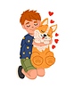 Kid hugs dog, young boy hugging fluffy corgi