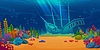 Vector clipart: Sunken ship at sea underwater landscape background