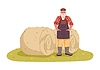 Vector clipart: Farmer gardener character, hay rolls on farm field