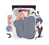 Vector clipart: Couple lying in bed embracing with scatter clothes