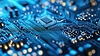 Electronic microchip on luminous circuit board | Stock Foto