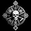 Vector clipart: Occult skull label, mystic symbol within circular