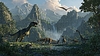 Prähistorischer Dschungel mit Dinosauriern und Wasserfällen | Stock Illustration