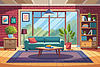 Cozy modern living room with large windows, green