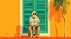 Old man relaxing by colorful tropical house. Old