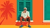 Old man relaxing by colorful tropical house. Old