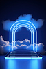 Neon arch in dark blue lights room with clouds. | Stock Illustration