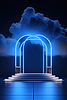 Neon arch in dark blue lights room with clouds. | Stock Illustration