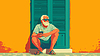 Old man relaxing by colorful tropical house. Old