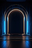 Neon arch in dark blue lights room with clouds. | Stock Illustration