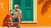 Vector clipart: Old man relaxing by colorful tropical house. Old