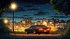 Muscle car retro estacionado por la noche en la ciudad con | Ilustración