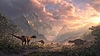 Prähistorischer Dschungel mit Dinosauriern und Wasserfällen | Stock Illustration