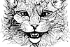 Vector clipart: Black and white an angry cat with open mouth and