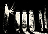Vector clipart: Ancient ruins in sci-fi scene with dotwork retro