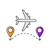 Airplane with markers icon. Air travel and tourism