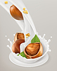 Vector clipart: Milk splash and hazelnuts. 3d object. Natural
