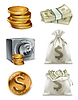 Vector clipart: Paper money and gold coin, moneybag. 3d icon set