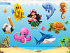 Vector clipart: Little girl with seashell. Funny sea animals and