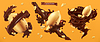 Vector clipart: Peanut nuts and chocolate splashes. 3d realistic