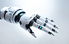 Robotic hand on blurred bokeh background, artificial in | Stock Illustration