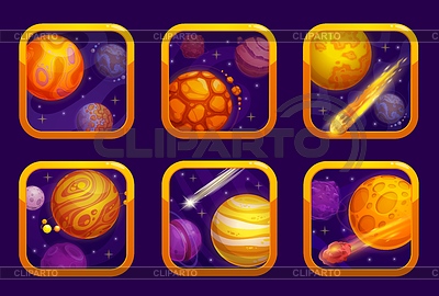 Iconos de la aplicación naranja del juego de planetas espaciales de dibujos animados | Ilustración vectorial de stock |ID 7446896