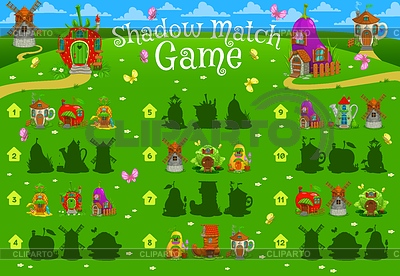 Juego de combinación de sombras fairytale magic houses riddle | Ilustración vectorial de stock |ID 7463772