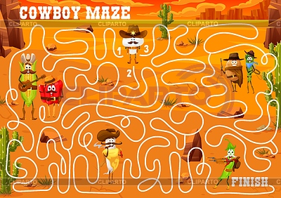 Laberinto laberinto juego de dibujos animados vaquero verduras | Ilustración vectorial de stock |ID 7477170